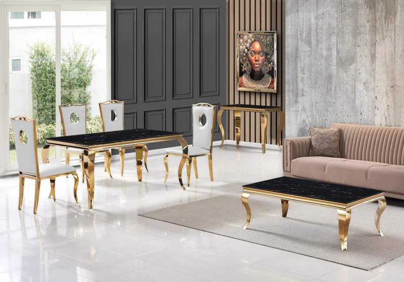 Ensemble table marbre noir et 4 chaises or – Neo