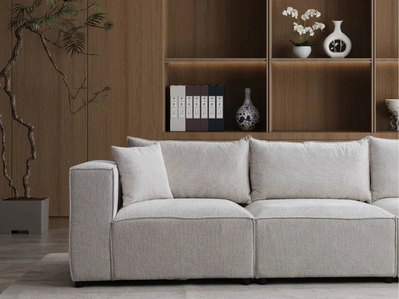 Canapé Modulable - Chenille blanc - 3 Places + 1 Pouf