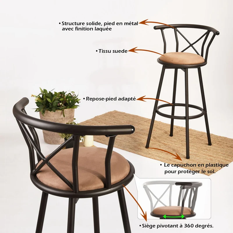 Lot de 4 tabourets de bar industriels pivotants avec dossier en tissu marron - HAILEY 29