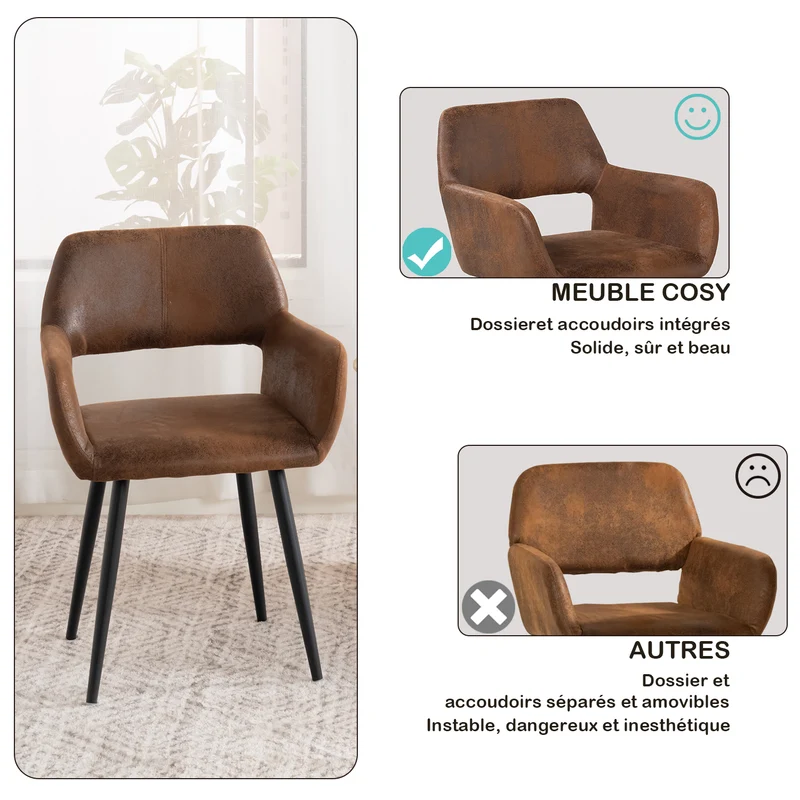 Lot de 4 fauteuils de salle à manger industriels avec accoudoirs en suédine - CROMWELL