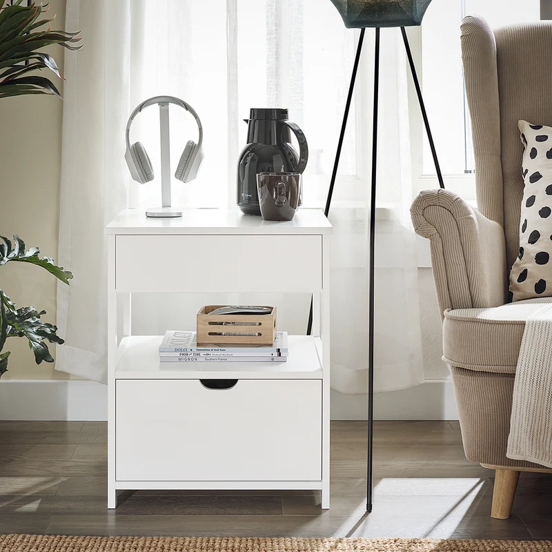 SoBuy FRG258-II-W Table de Chevet avec 2 tiroirs et étagère, Table de Nuit pour Chambre à Coucher - Meuble de Rangement Moderne L45 x P38 x H55 cm Blanc