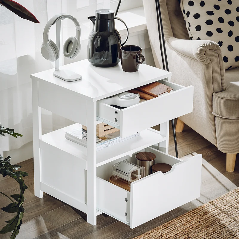 SoBuy FRG258-II-W Table de Chevet avec 2 tiroirs et étagère, Table de Nuit pour Chambre à Coucher - Meuble de Rangement Moderne L45 x P38 x H55 cm Blanc