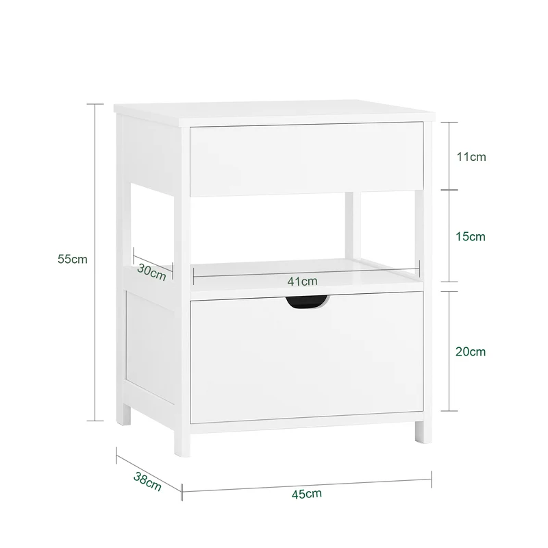 SoBuy FRG258-II-W Table de Chevet avec 2 tiroirs et étagère, Table de Nuit pour Chambre à Coucher - Meuble de Rangement Moderne L45 x P38 x H55 cm Blanc
