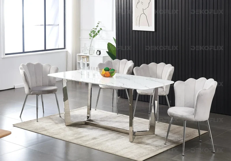 Chaise de table coquillage velours écru pieds argent - Nymea x2