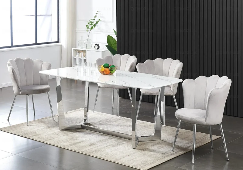 Chaise de table coquillage velours gris pieds argent - Nymea x2