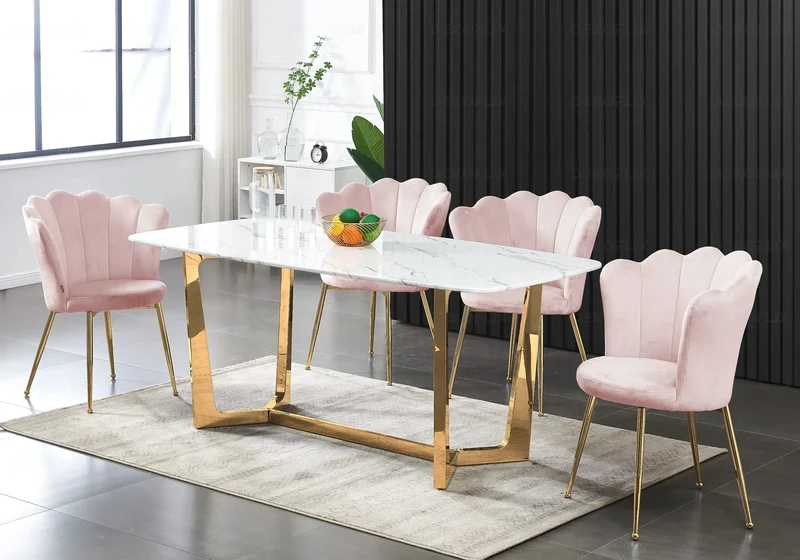 Chaise de table coquillage velours rose pieds or - Nymea x2