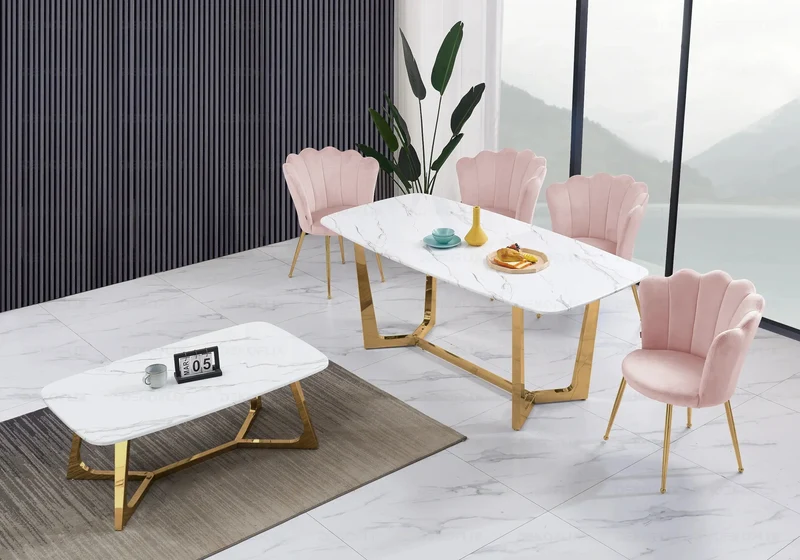 Chaise de table coquillage velours rose pieds or - Nymea x2