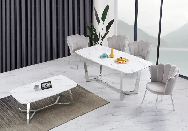 Ensemble salle à manger marbre blanc argent – Gaya