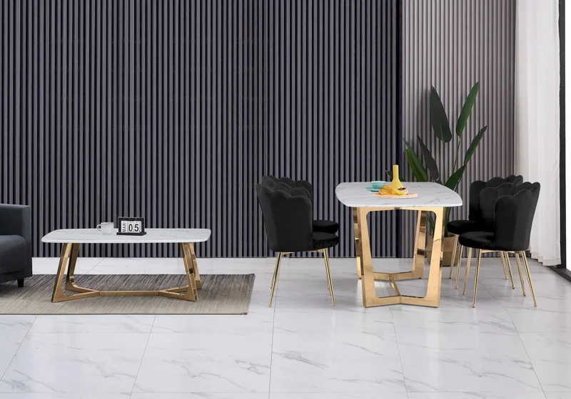 Ensemble salle à manger marbre blanc doré – Gaya