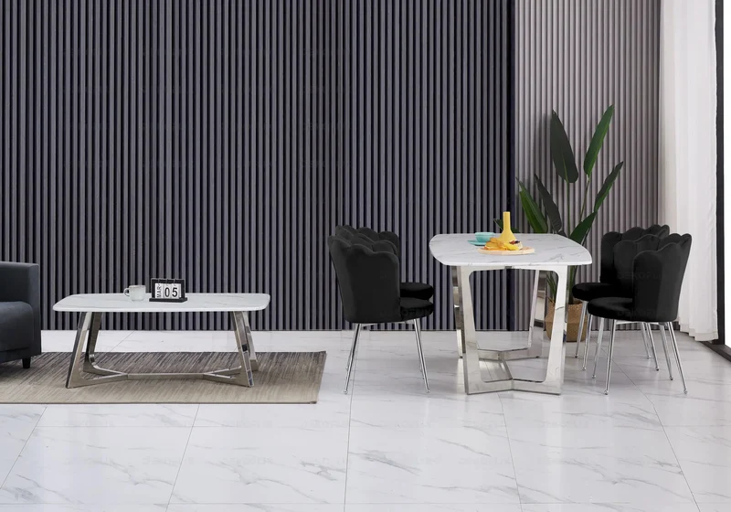 Table marbre blanc et 4 chaises argent - Gaya