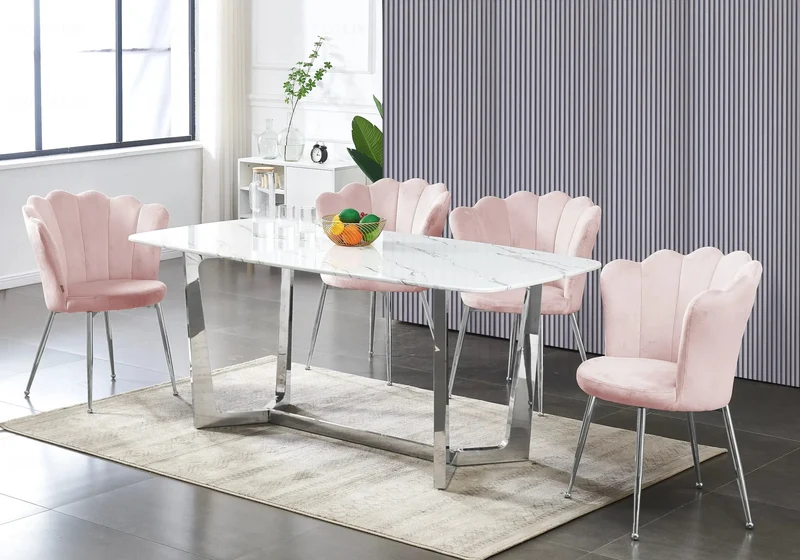 Table marbre blanc et 4 chaises argent - Gaya