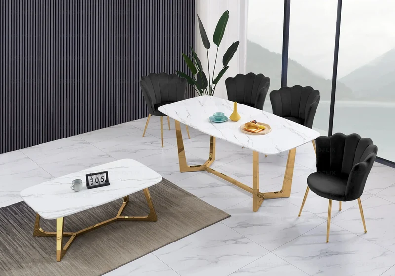 Table marbre blanc et 4 chaises doré - Gaya