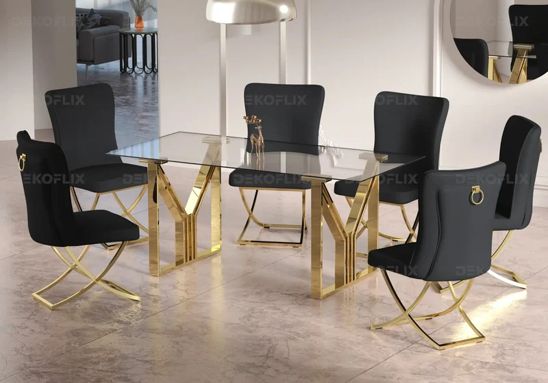 Table et chaises salle à manger dorées noires - Uris
