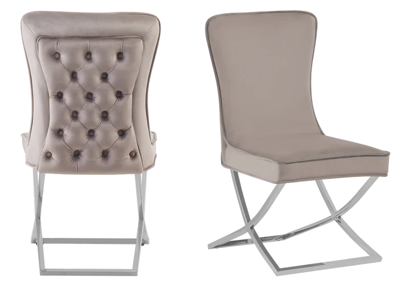 Table verre et 4 chaises velours taupe argent - Enzo