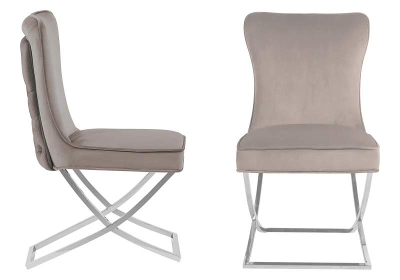 Table verre et 4 chaises velours taupe argent - Enzo