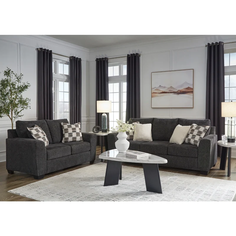 Causeuse en tissu noir ébène avec coussins - Loreo