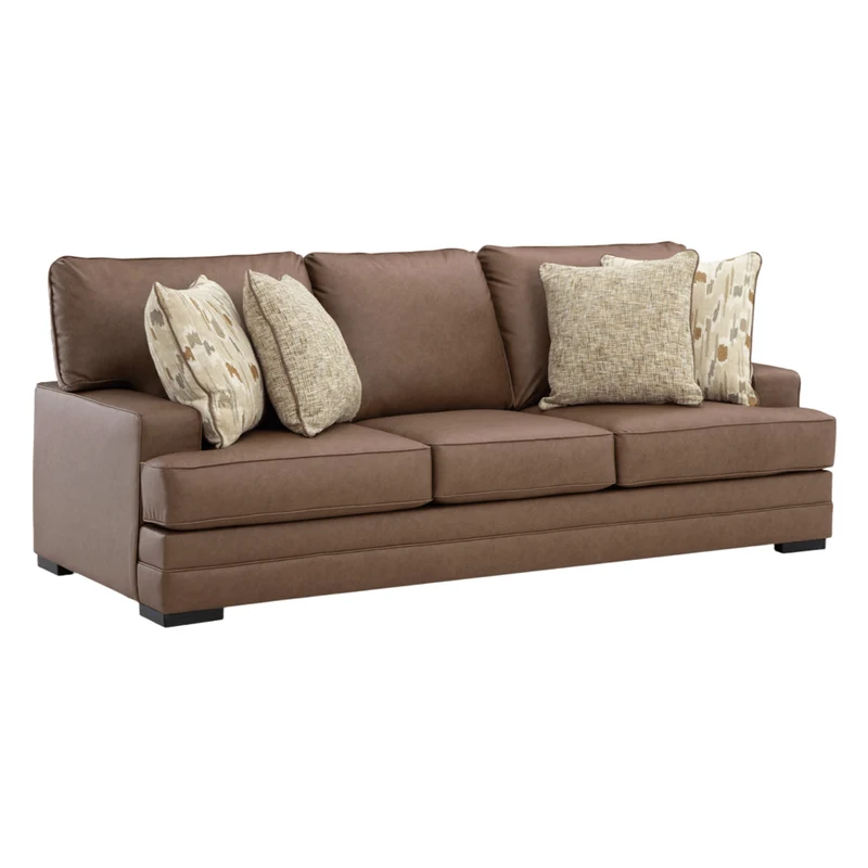 Sofa aspect cuir brun caramel avec coussins - VillaCourt
