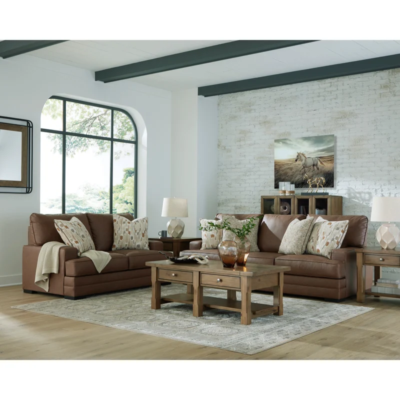 Sofa aspect cuir brun caramel avec coussins - VillaCourt