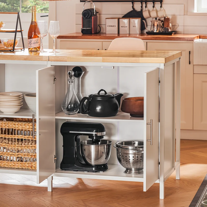SoBuy KNL09-WN Ìlot Central de Cuisine 3-en-1 – Buffet, Table Bar et Plan de Travail, 170×60×89 cm, Blanc & Bois