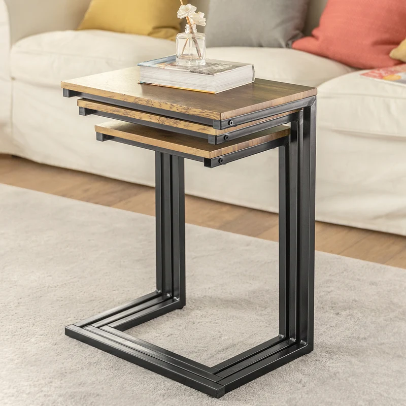 SoBuy FBT102-F Set de 3 Tables Gigognes, Tables Basses Modernes pour Salon, Design Gain de Place, Nature & Noir