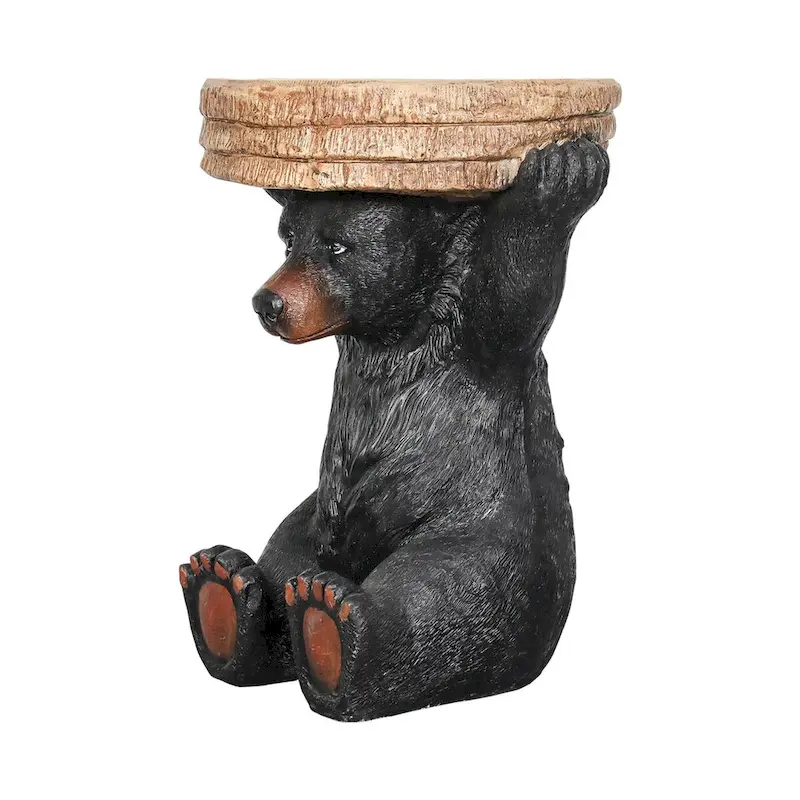 Table d'appoint avec socle en forme d'ours noir, dessus en béton imitation bois