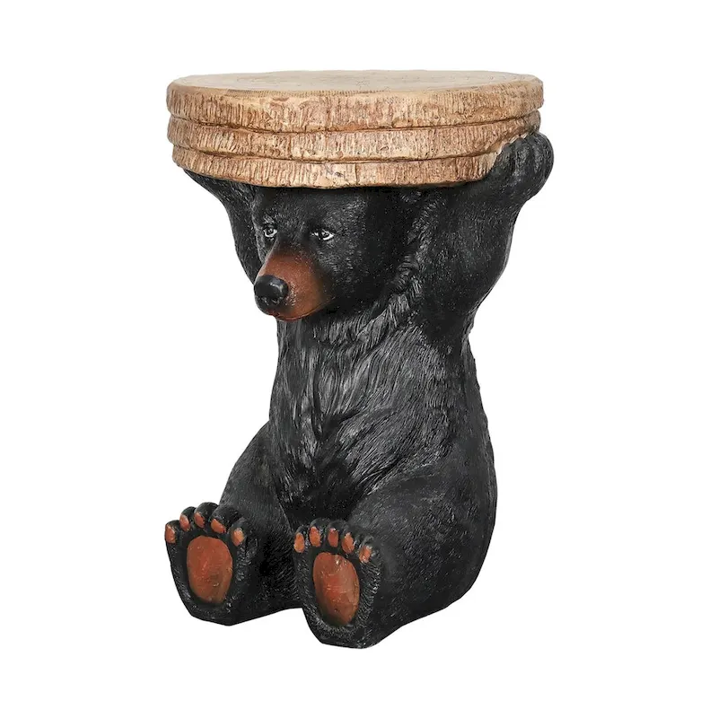 Table d'appoint avec socle en forme d'ours noir, dessus en béton imitation bois