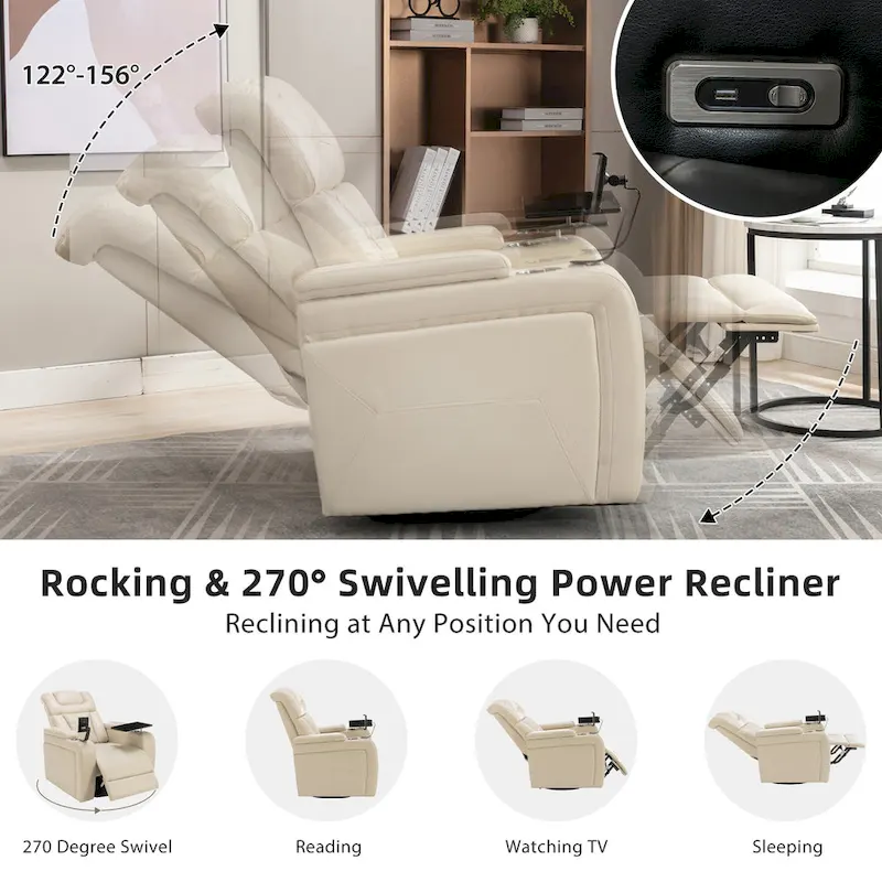Fauteuil inclinable pivotant électrique avec plateau, porte-gobelet et port USB