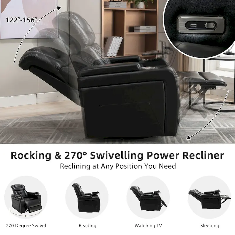 Fauteuil inclinable pivotant électrique avec plateau, porte-gobelet et port USB