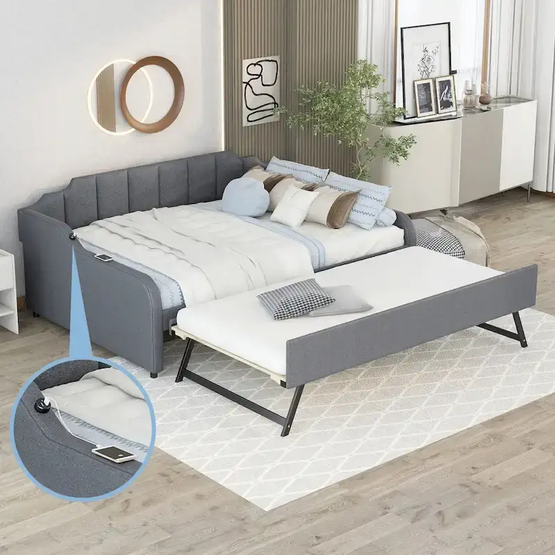 Lit de repos double rembourré gris avec lit gigogne et chargeur USB