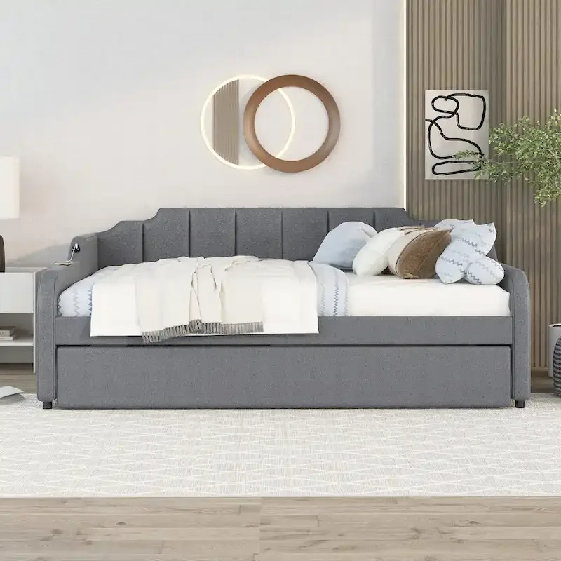 Lit de repos double rembourré gris avec lit gigogne et chargeur USB
