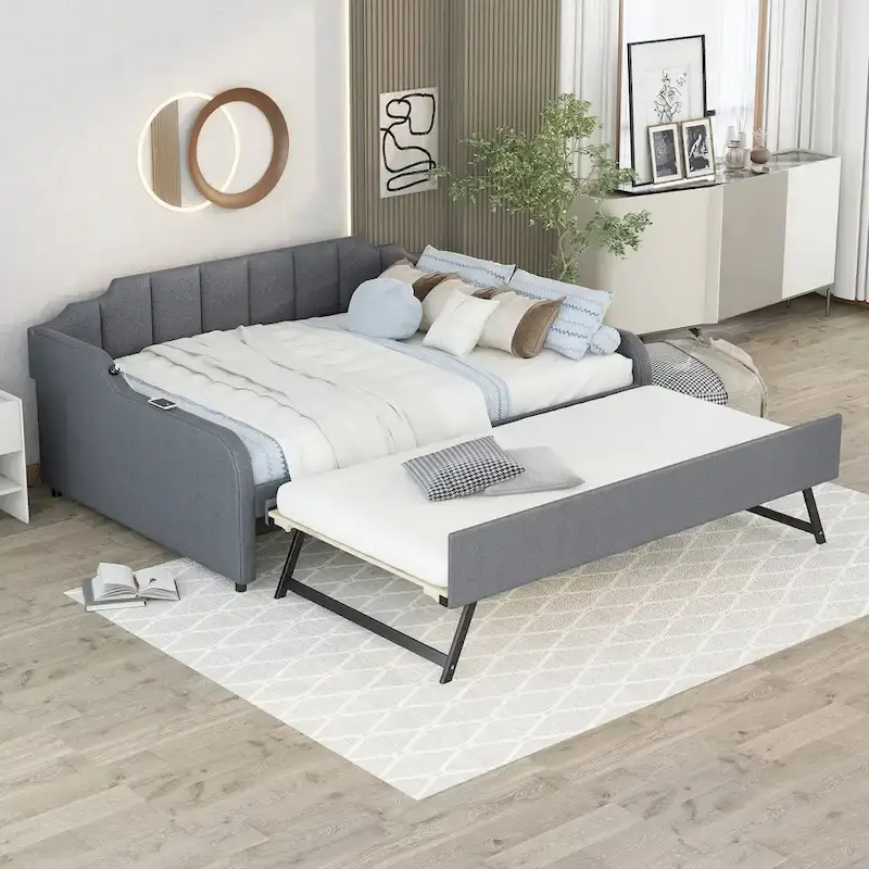 Lit de repos double rembourré gris avec lit gigogne et chargeur USB