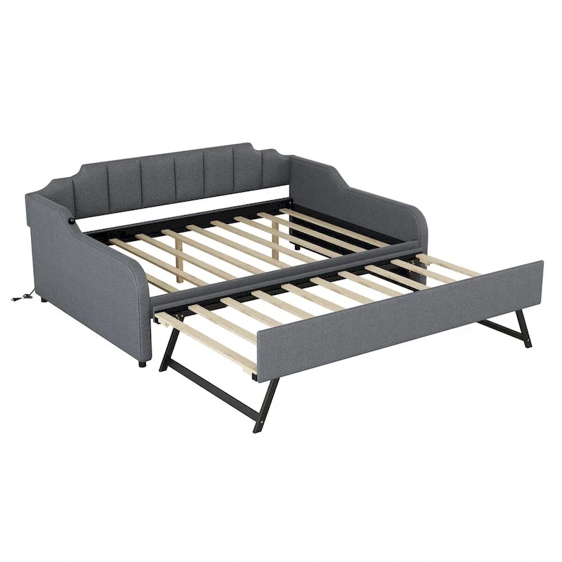 Lit de repos double rembourré gris avec lit gigogne et chargeur USB