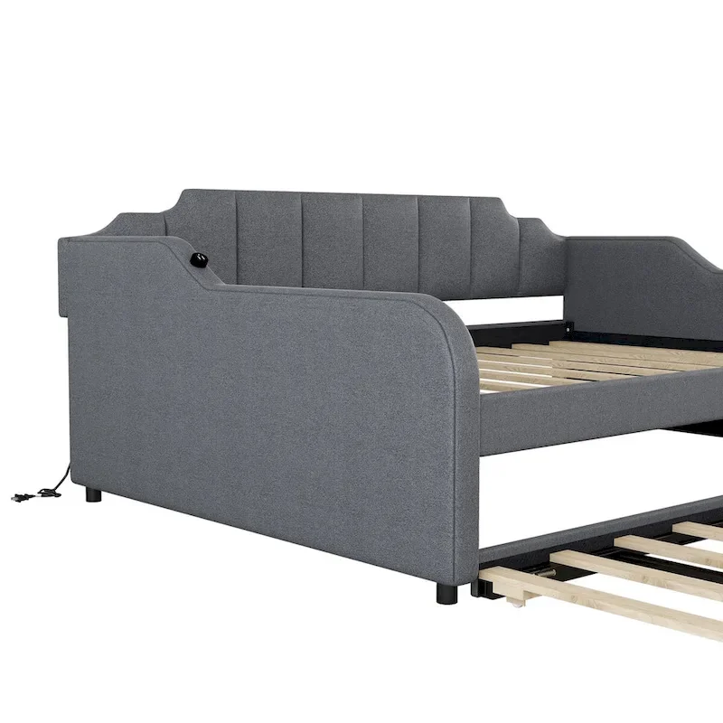 Lit de repos double rembourré gris avec lit gigogne et chargeur USB