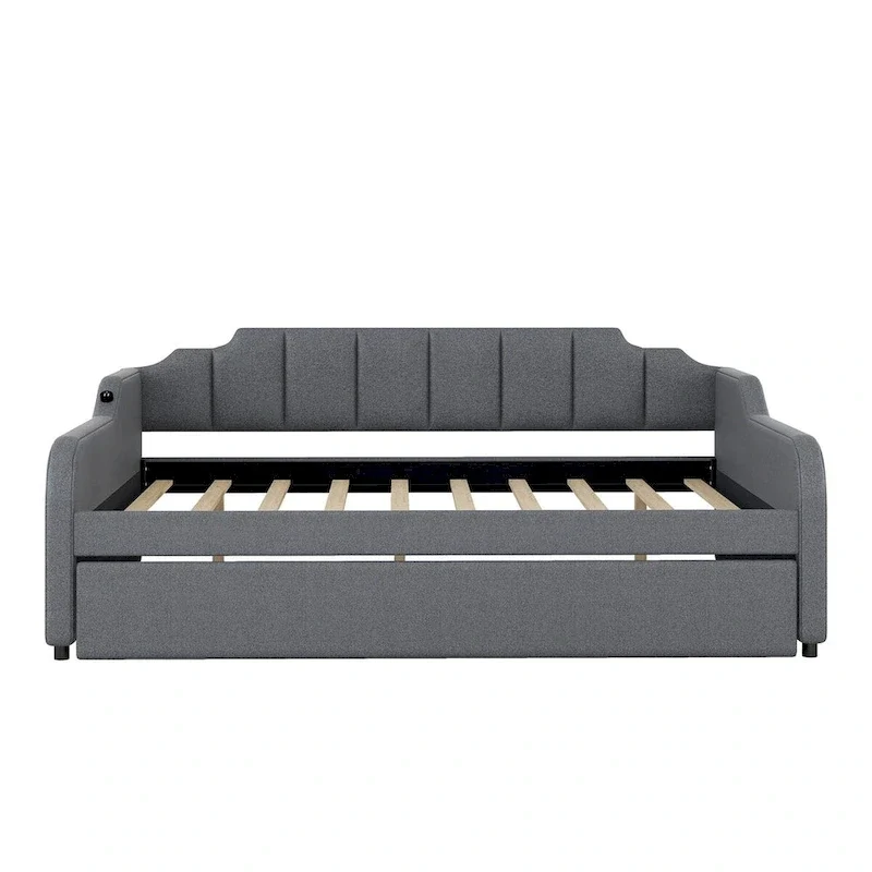 Lit de repos double rembourré gris avec lit gigogne et chargeur USB