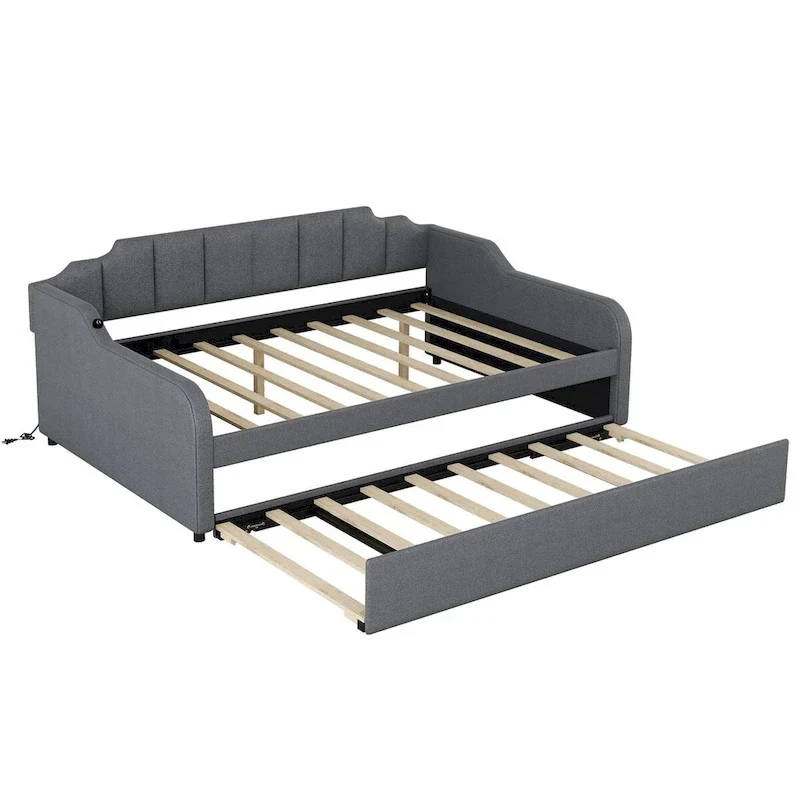 Lit de repos double rembourré gris avec lit gigogne et chargeur USB
