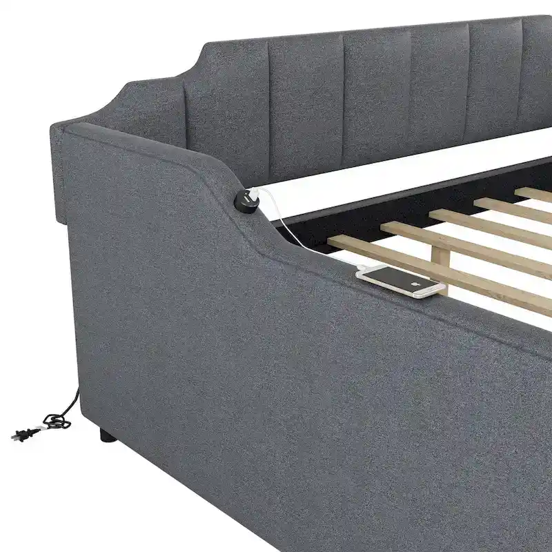 Lit de repos double rembourré gris avec lit gigogne et chargeur USB