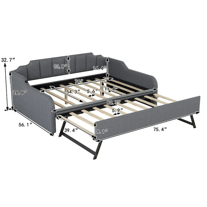 Lit de repos double rembourré gris avec lit gigogne et chargeur USB