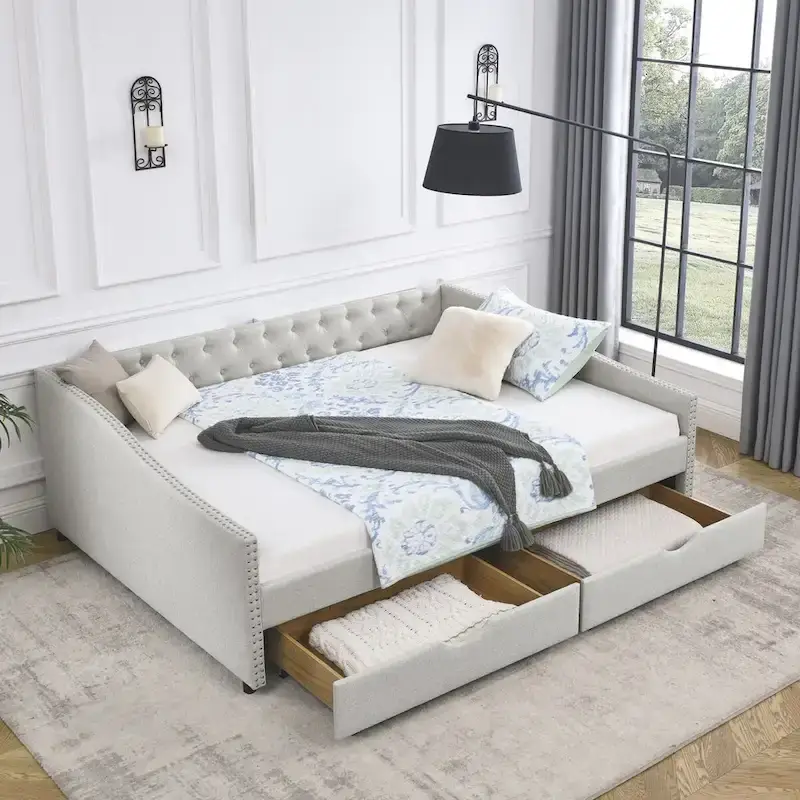 Lit de repos rembourré Queen avec tiroirs de rangement, capitonné, beige-gris