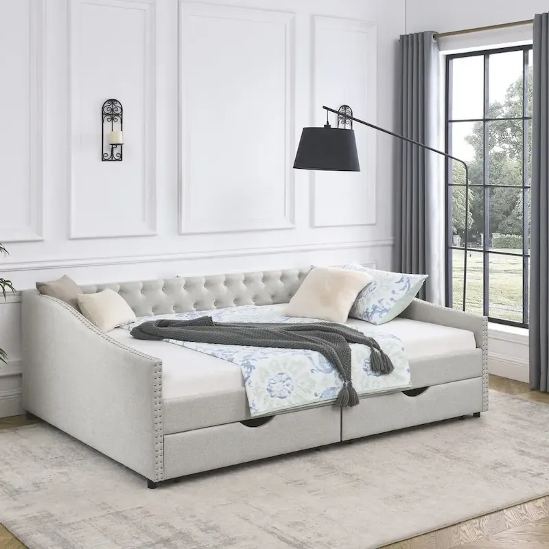 Lit de repos rembourré Queen avec tiroirs de rangement, capitonné, beige-gris