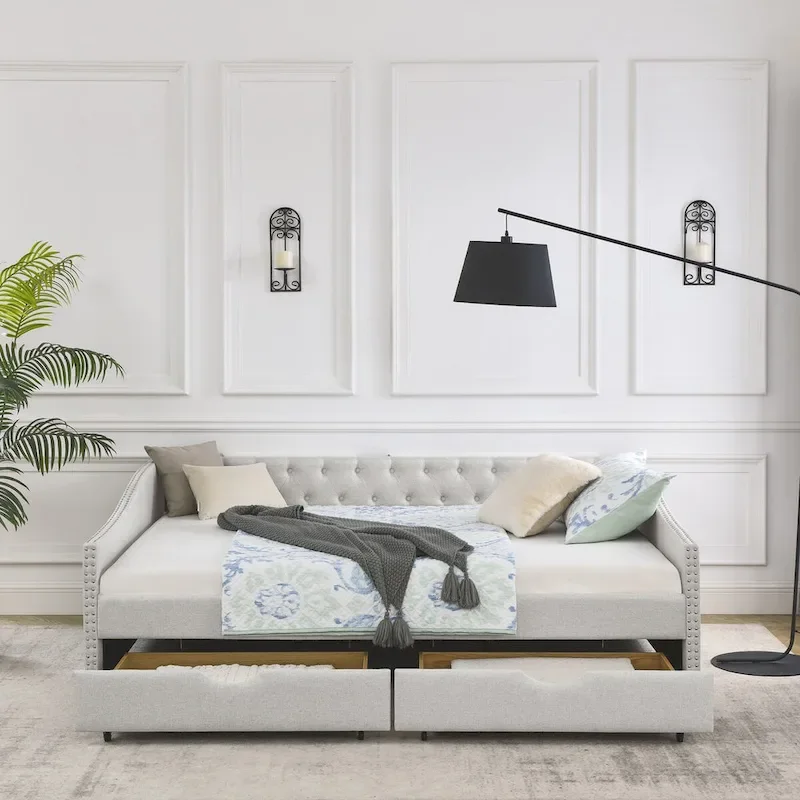 Lit de repos rembourré Queen avec tiroirs de rangement, capitonné, beige-gris
