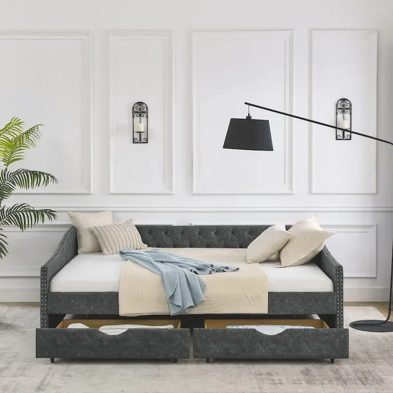 Lit de repos rembourré Queen avec tiroirs de rangement, capitonné, beige-gris