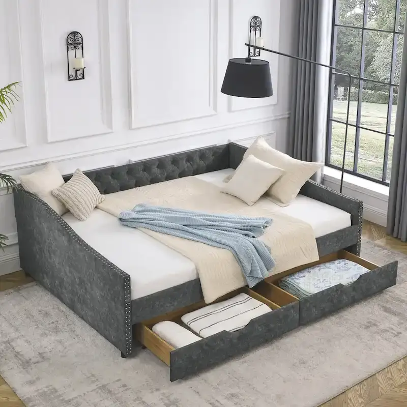 Lit de repos rembourré Queen avec tiroirs de rangement, capitonné, beige-gris