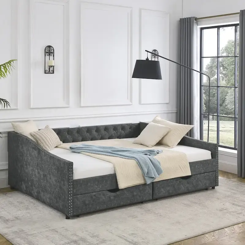 Lit de repos rembourré Queen avec tiroirs de rangement, capitonné, beige-gris