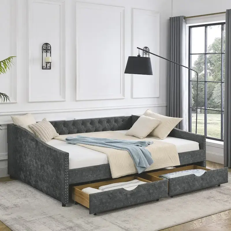 Lit de repos rembourré Queen avec tiroirs de rangement, capitonné, beige-gris