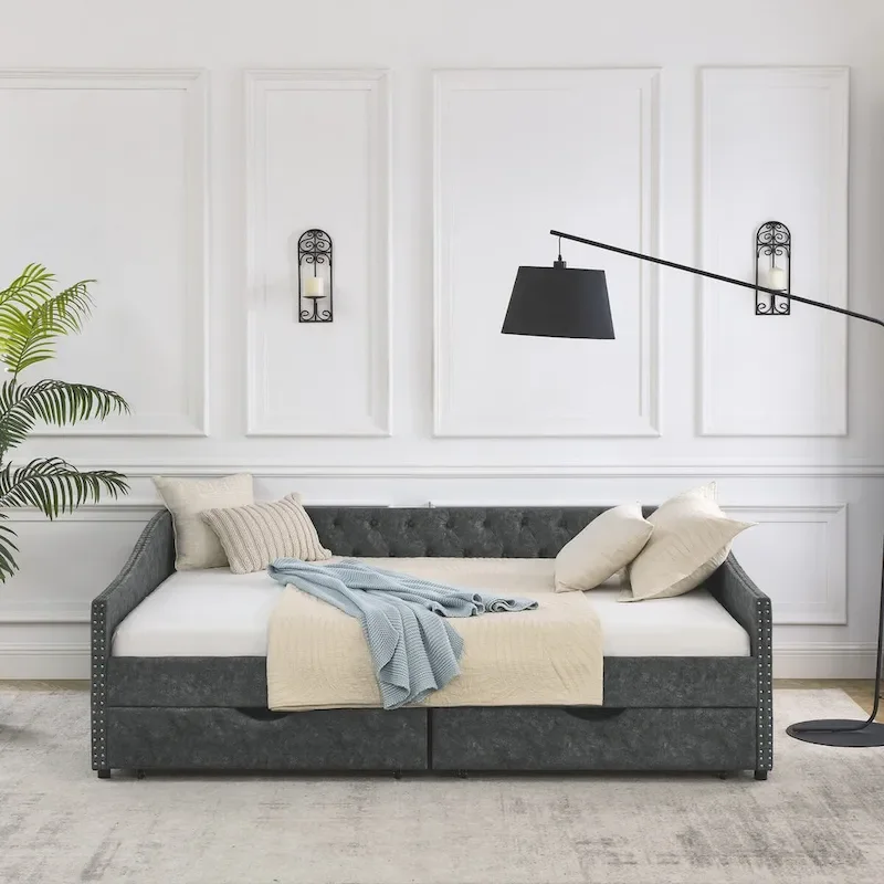 Lit de repos rembourré Queen avec tiroirs de rangement, capitonné, beige-gris