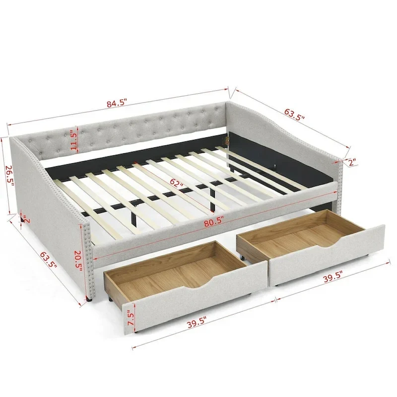 Lit de repos rembourré Queen avec tiroirs de rangement, capitonné, beige-gris