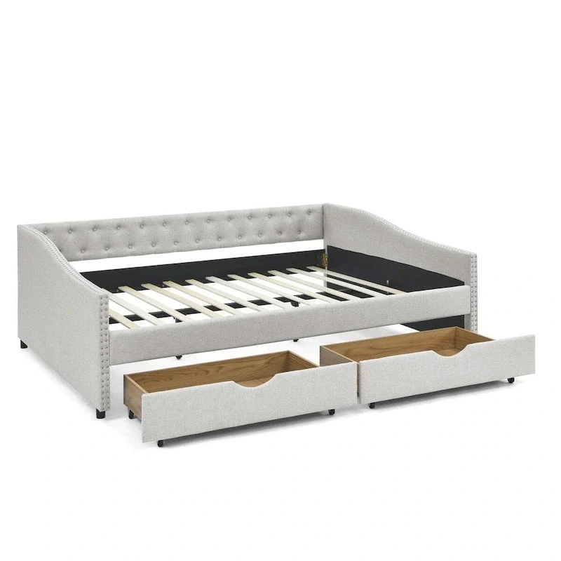Lit de repos rembourré Queen avec tiroirs de rangement, capitonné, beige-gris