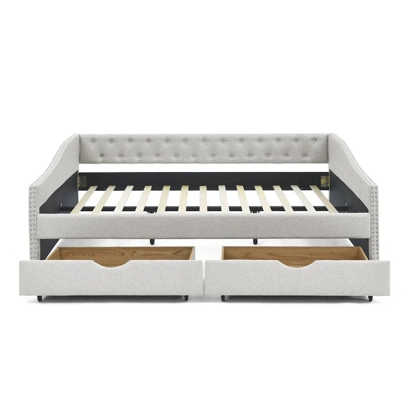Lit de repos rembourré Queen avec tiroirs de rangement, capitonné, beige-gris