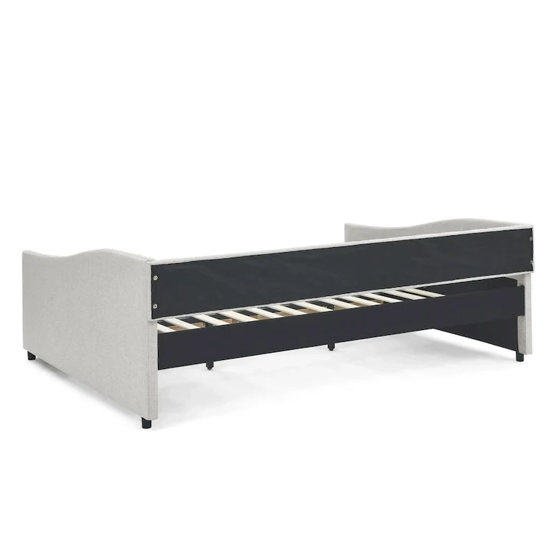 Lit de repos rembourré Queen avec tiroirs de rangement, capitonné, beige-gris