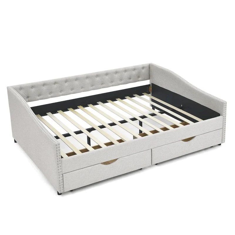 Lit de repos rembourré Queen avec tiroirs de rangement, capitonné, beige-gris